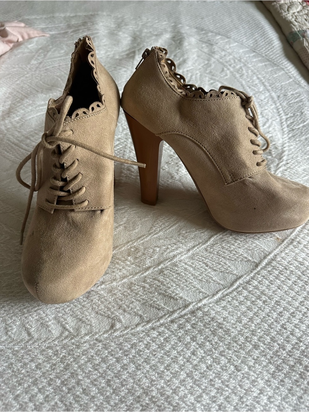 Qupid Tan Lace-Up Scalloped High Heel Booties